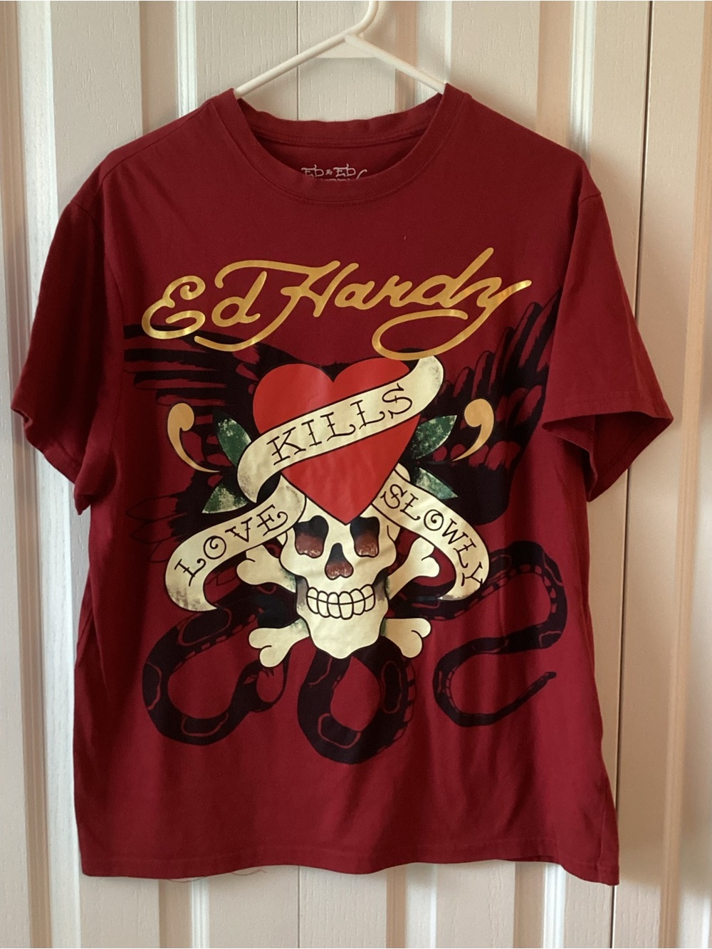 Ed Hardy “Love Kills Slowly” Y2K Mens Maroon Shirt - L - NWOT